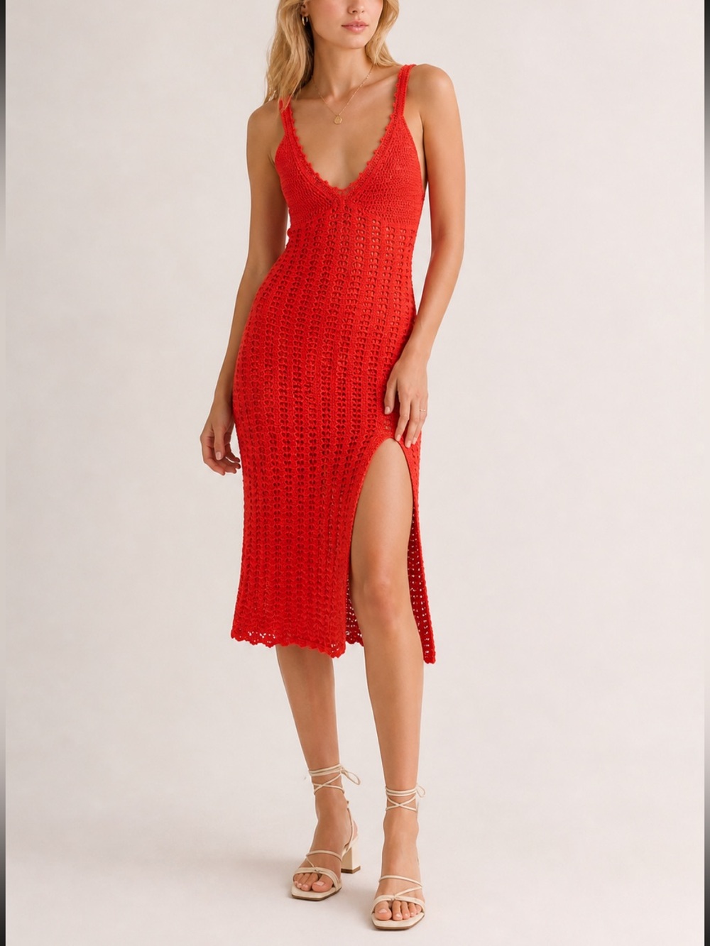 NEW Aritzia Wilfred Evie poppy red Crochet Knit Cotton Midi Dress 36653
